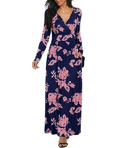 LILBETTER Women Long Sleeve Deep V Neck Loose Plain Long Maxi Casual Dress