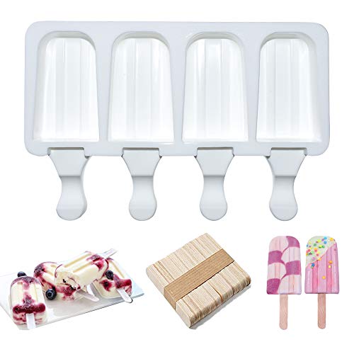 Silikon-Mini-Eiscreme-Form Eis am Stiel, klassisch weiß mit 50 Holzstäbchen, einfache Creme-Eisformen, Kuchenform, hausgemachtes Eis am Stiel mit Holzstäbchen für DIY-Eis, 4 Mulden (E) Cover