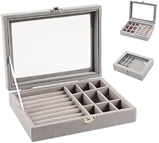Velvet Jewelry Box, Ring Display Box Earrings Organiser Storage Tray Case with Clear Lid Lockable Jewellery Showcase Box