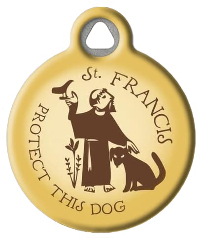 Dog Tag Art Religious Custom Pet ID Tag for Dogs and Cats, Personalized Dog Tag with Customized Identification Information, St. Francis Protect This Dog, Large (1.25" Diameter)