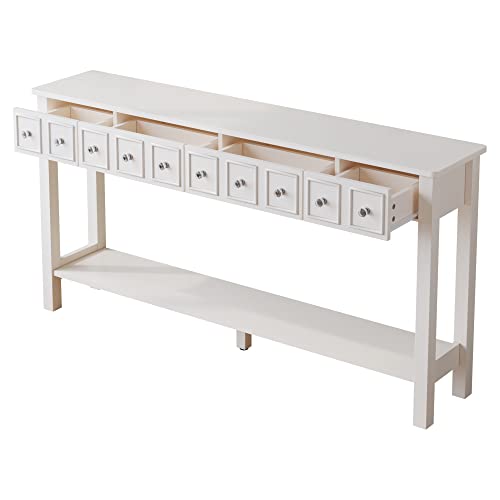 Royard Oaktree Console Table Extra Long Entryway Table With 4 Drawers And Storage Shelf Retro Accent Sofa Table For Living Room,Entryway,Hallway,Antique White #TOP4