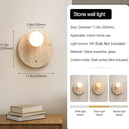 Image of Vintage Stone Wall Lights for Living room Bedroom Wall Lamp with G9 LED Glass Shade Indoor Round Travertine Sconce Wall Lights Fixtures with Switch for Vanity Staircases（Bulb Not Included）