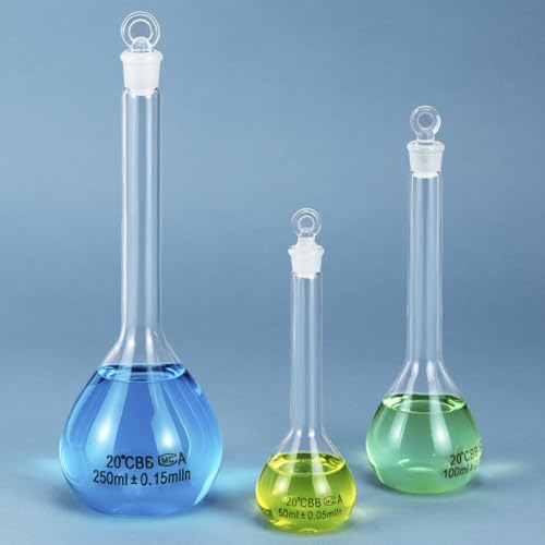image for QWORK Volumetric Flask Set, 50ml, 100ml & 250ml with Glass Penny Stopp