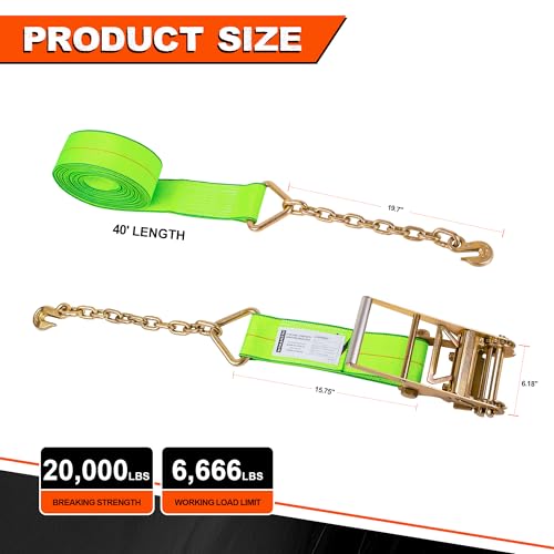 Mimanchi 4inch 40ft Ratchet Straps with Chain Extension Ends,4 Pack,Heavy Duty Tie Down Straps with Grade 70 Chain Hook, Flatbed Equipment for Trucks and Trailers Cargo Control by Mimanchi - Image 2