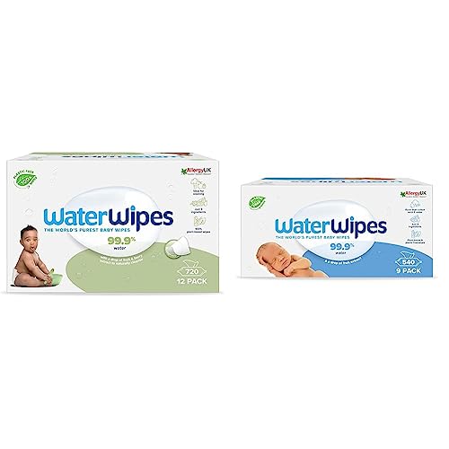 WaterWipes - Toallitas húmedas Texturizadas sin plástico para bebés 720 unidades (12 paquetes), & Toallitas húmedas Originales sin plástico para bebés 540 unidades (9 paquetes),