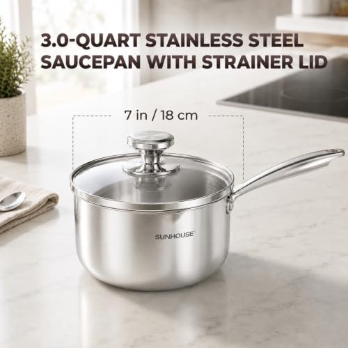 Image of SUNHOUSE 3QT Stainless Steel Saucepan with Pour Spout & Strainer Glass Lid | Tri-Ply Full Clad Stainless Steel Small Sauce Pan for Cooking, Multipurpose Pasta Pot, Dual Pour Spouts, Induction Compatible