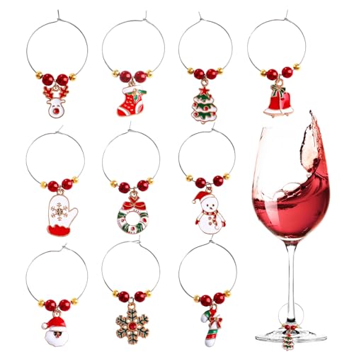 MICJLLT 10 Pcs Christmas Wine Glass Charms Rings,Wine Glass Pendant Charms Reusable Markers Champagne Party Favors Supplies Gifts,Wine Glass Charms for Christmas Party and Bar Table Decoration