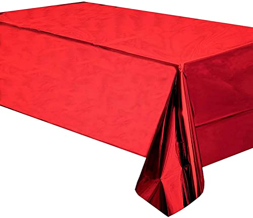 Image of Crackles Red Rectangular Shiny Metallic Tinsel Foil Solid Color Reusable Table Cover 1.37mX1.83m for Indoor Outdoor Party Birthday,Wedding,Thanksgiving,Christmas,Buffet Parties,Camping