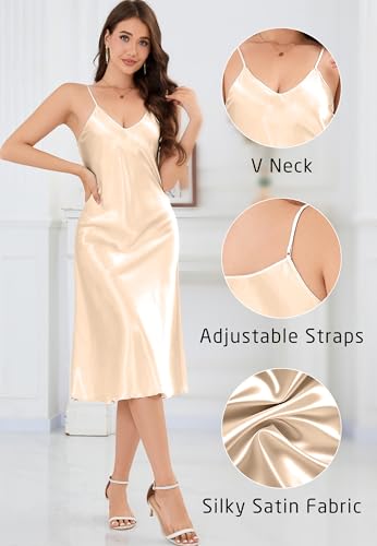 Image of ALCEA ROSEA Women's Midi Satin Slip Dress Adjustable Spaghetti Strap Nightgown Silky Under Dresses