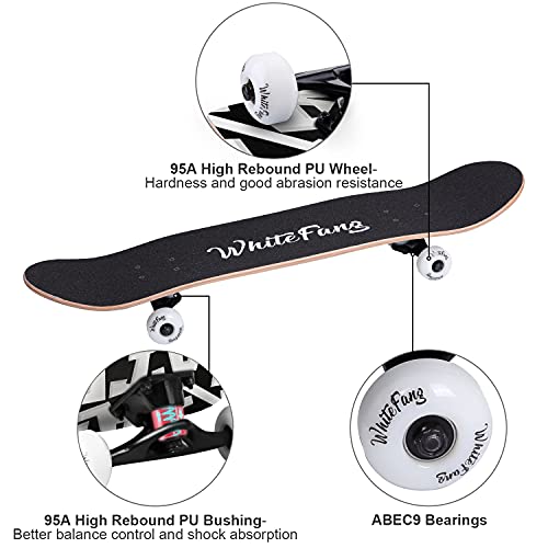 Image of WhiteFang Skateboards for Beginners, Complete Skateboard 31 x 7.88, 7 Layer Canadian Maple Double Kick Concave Standard and Tricks Skateboards for Kids and Beginners
