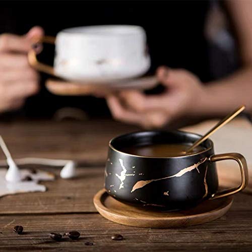 Coffeezone Luxury Golden Marble 10.5 Oz Matte Ceramic Latte Coffee Tea Cups with Wood Saucers (Black, Cup