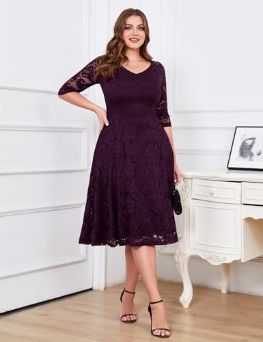 Image of Dressystar Womens Long-Sleeve Wedding Guest Dress A-Line Lace Formal Party Cocktail Midi Dress Prom Gown
