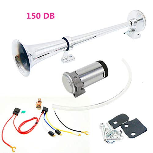 DHUILE Bocina de coche 150 db aire 450 mm cromo zinc único trompeta camión aire corno compresor altavoz de coche cualquier 12 V vehículos camiones camiones Lorrys trenes autobús