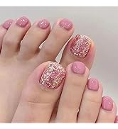 24 Pcs Hot Pink Short Press on Toenails Square Fake Toeails with Glitter Designs False Toenails f...