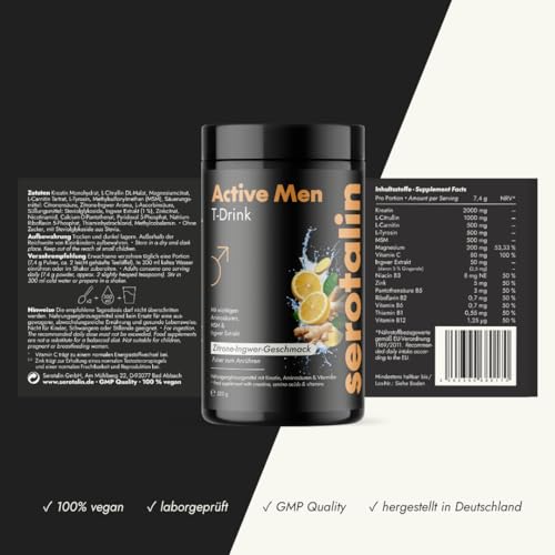 Serotalin Active Men T-Drink für Männer | Magnesium Komplex Pulver mit Kreatin, L-Citrullin, L-Tyrosin | Vitamin B Komplex | Vegan & Made in Germany | Zitrone-Ingwer