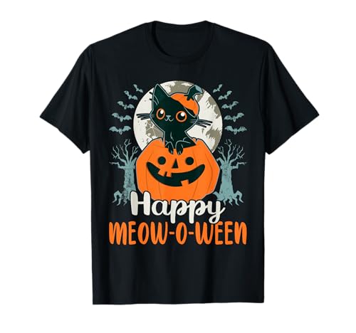 Divertido gatito de Halloween con calabaza Happy Meow-o-ween Camiseta