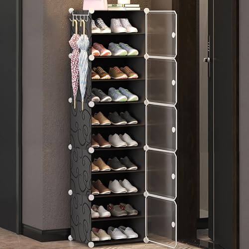 Image of AYSIS 𝟏𝟎 𝐒𝐡𝐞𝐥𝐟 DIY Shoe Rack Box Organizer | Multi-Purpose Plastic Shoe Rack for Home | Home Storage Shoe Rack with Door for Entryway, Chappal Slipper Sandals Shoe Stand【Black, 10-Shelf-5-Door】