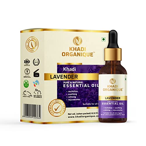 Image of Khadi Organique Lavender Essential Oil | 100% Pure & Natural Oil for Hair Growth, Stress Relief & Glowing Skin | Soothing Aromatherapy & Massage Oil For Body | Helps in Meditation & Relaxation - 15ml