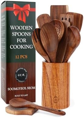 12-Piece Natural Teak Wood Utensil Set with Holder & Rest - Nonst...