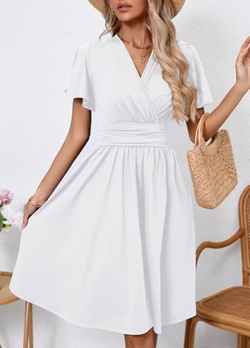Image of Women's Casual Summer Dress V Neck Short Sleeve Flowy Stretchy Comfort Fit for Daily Wear Work Midi Dresses