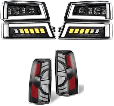 Z-OFFROAD LED Headlights Assembly w/Sequential Turn Signal + LED Tail Light w/Clear Lens Compatible with 2003-2006 Chevy Silverado