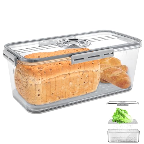 Jokapy Bread Bin Airtight Bread Bins for Kitchen Counter,Time Recording Bread Box Reusable Bread Storage Container with Lids,Bread Keeper Box with Air Valve Bread Loaf Keeper (12.8X6.88X4.33IN)