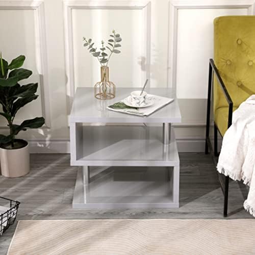 ALPHA Modern High Gloss Lamp Tables Side Tables End Tables Small Coffee Table with LED Lights S-Shaped Style for Living Room Furniture White or Grey (Grey)