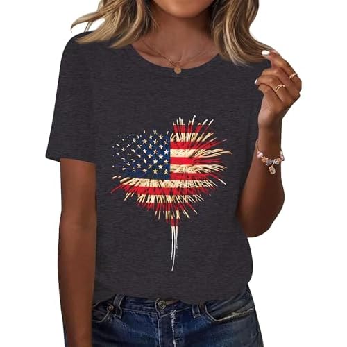Kistore Womens Crew Neck Short Sleeve Tops Dressy Casual Blouses Summer Shirts S-3XL A1 American Flag 2 X-Large
