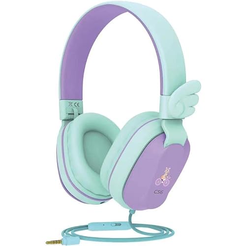 Riwbox Kids Headphones Wired,Cs6 Stereo Sound Foldable Headphones For Kids Over Ear Toddler Headphones With Mic And Volume Control Compatible For Smartphones, Pc And Tablets (Purple&Green) #TOP19
