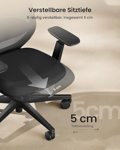 ProtoArc EC200 Bürostuhl Ergonomisch, Schreibtischstuhl mit Höhen- und Tiefenverstellbarer Lendenwirbelstütze, Sitztiefe, Höhenverstellbar, 3D-Kopfstütze, Computerstuhl für Home Office Chair, Schwarz