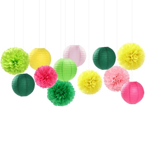 Image of Hawaiian-Summer Pool Party-Decorations Paper-Flowers Lanterns - 15pcs Luau Tropical Beach Tissue Pom Poms Streamers,Birthday Bachelorette Wedding Baby Shower Graduation Hanging Supplies Decor Hugfond