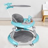 Girello Bambino Primi Passi per Bambini da 6 Mesi a 15 kg, Regolabile in Altezza, girello pieghevole per bambini con vassoio di gioco interattivo con suoni, 70 * 70 * 91cm - Blu