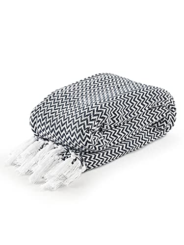 Image of SASHAA WORLD Chevron Throw Blanket Handwoven with Fringes | Throw for Living Room, Bed, XL Sofa & Chair | Navy Throw Blanket | 170x250 cm Pack of 1