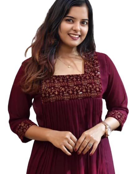 wealthy women Women's Elegant Embroidered Chiffon Kurti Dress, 3/4 Sleeve Square Neck Traditional Flowy Midi Kurta, Available in Maroon, Green, Black with Gold Embellishments-picture-12