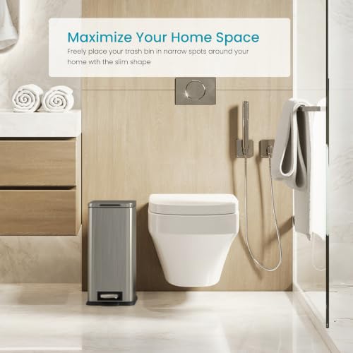 Image of Home Zone Living 4 Gallon Stainless Steel Slim Kitchen Trash Can | Stainless Steel with Soft-Close Step Pedal Lid, Bag Tuck Band for Easier Bag Changes, Rectangular Shape, Silver