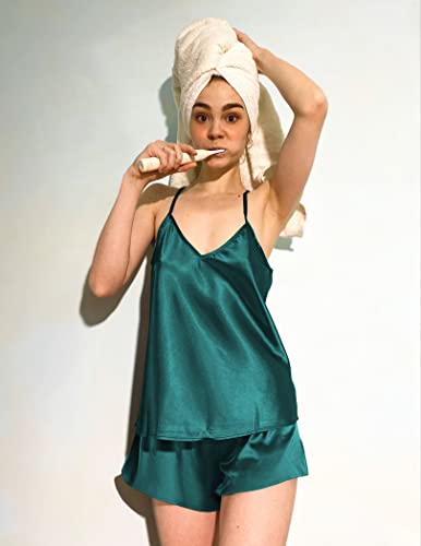 Image of Ekouaer Silk Pajamas for Women Satin Cami V Neck Camisole Shorts Pjs Set | Adjustable Strap Sleepwear Lingerie Sets for Women for Wedding, Party, Home, Daily Wear, Honeymoon