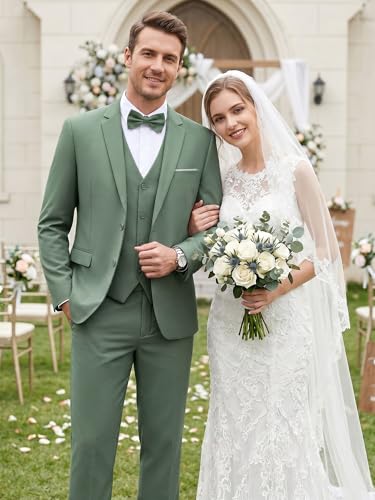 Image of WEEN CHARM Men's 3-Piece Slim Fit Suit Set-2-Button Blazer,Vest & Pants-Formal Wedding,Prom,Party & Business Tuxedo