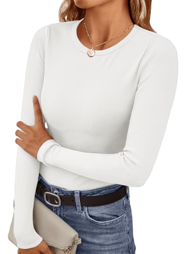 Ekouaer Womens Long Sleeve Shirts Crew Neck Fitted Ribbed Tops Basic Base Layer Soft Thermal Undershirts Tee White M