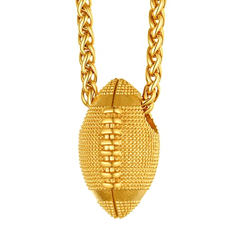 FindChic Sports Football/Basketball/Volleyball/Rugby/Baseball Necklaces for Men Boys Stainless Steel/ 18K Gold Plated/Black with 22inch Chain Athelets Jewelry, with Gift Box 05. rugby gold p