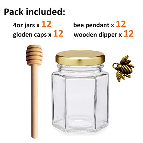 Adabocute 4Oz Hexagonal Honey Jars - Glass Honey Jars With Gold Lids, Wooden Dippers, Bee Charms And Jutes - Hexagon Honey Jars For Baby Shower, Wedding And Party Favors, 12 Pack #TOP5
