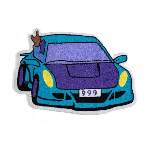 ACETUFTING 999 Blue Cool Racing Car Loop Tufted Rug Handmade Embroidered Simple Non-Slip Home Decor Children's Play Cushion Bedroom Soft Floor Mat Cartoon Doormat (999Car_Black)