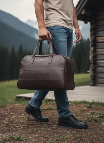 Image of Police Men's Brown Vegan Leather 40 L Duffle Bag | Premium Travel & Gym Bag | Top Handle Carry | Spacious & Durable Design (Dark Brown)