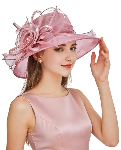 Z&X Organza Church Fascinator Wedding Tea Party Derby Hats for Women Flower Wide Brim Sun Hat Pink