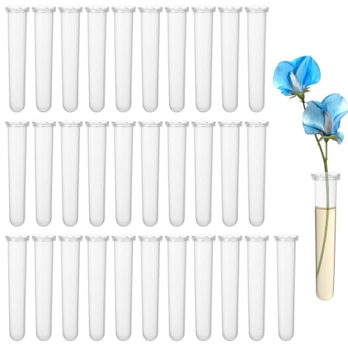 mauuuba 32 Piezas Tubos Agua Flores, Tubos de Ensayo para Flores de Plástico Transparente, Tubos de Prueba de Plástico Reutilizables para Flores con Tapa para Arreglos Florales Decoración, 10x1,8 cm