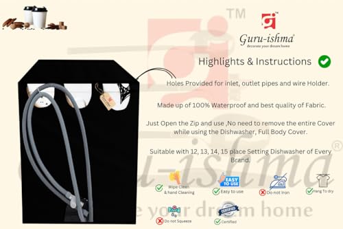 Image of Waterproof Dishwasher Cover for 12 to 15 Place Setting | Suitable with Bosch, LG, IFB, Hafele, Faber & More | Dustproof Appliance Protector Zip Cover Universal Fit-(60X60X88cms Black)