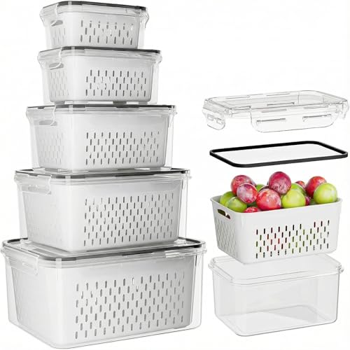5pcs Fruit Storage Containers for Fridge with Removable Colanders, Airtight Food Storage Container with Lids, Dishwasher Safe Produce Containers, Keep Fruits, Vegetables, Berry, Meat Fresh Longer