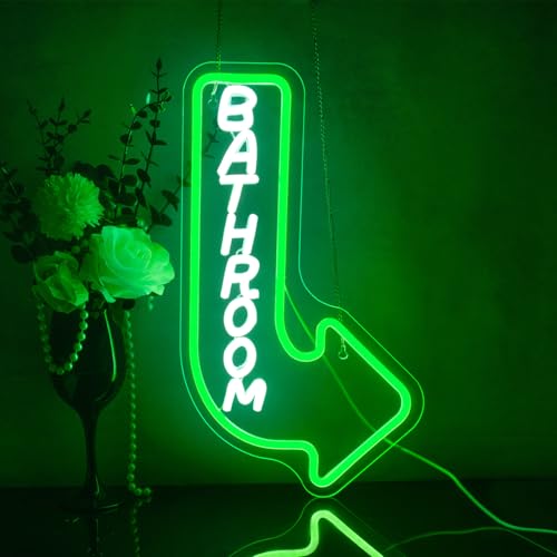 Looklight Bathroom Neon Light Sign Restroom Neon Signs Toilet LED Sign White Green Led Light Up Signs Place Arrow Sign for Restaurant Hotel Bar Shop Home Party