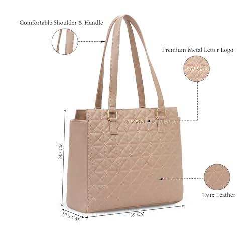 Image of Caprese Shine Medium Tote Bag for Women | Quilted Faux Leather Shoulder Handbag with Multi-Compartments & Zipper Closure | Fits Up to 15 Inch Laptop | Stylish Work, Travel & Everyday Bag (Dark Pink)