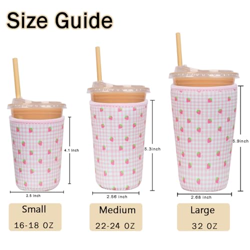 Image of Reusable Insulated Sleeve for Iced Coffee Cup, Coffee Neoprene Sleeve for Cold & Hot Drinks, Beverage Holder for Iced Coffee (Strawberry Grid, Medium: 22-24oz)