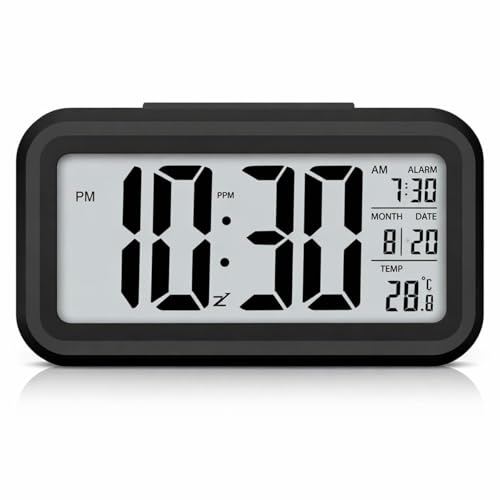 Image of REACHER Digital Alarm Clock for Heavy Sleepers, Digital Clock Table Clock for Study Table, Students,Office | Alarm Clock for Bedroom with Loud Sound, Automatic Sensor,Date & Temperature (Black,Medium)